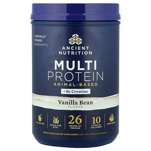 Ancient Nutrition, Multiproteinas + kreatinas, gyvūninės kilmės, vanilės ankšties skonio, 604 g