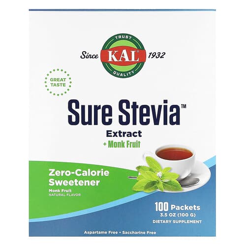 KAL, „Sure Stevia“ ekstraktas + vienuolių vaisiai, 100 pakelių, 100 g