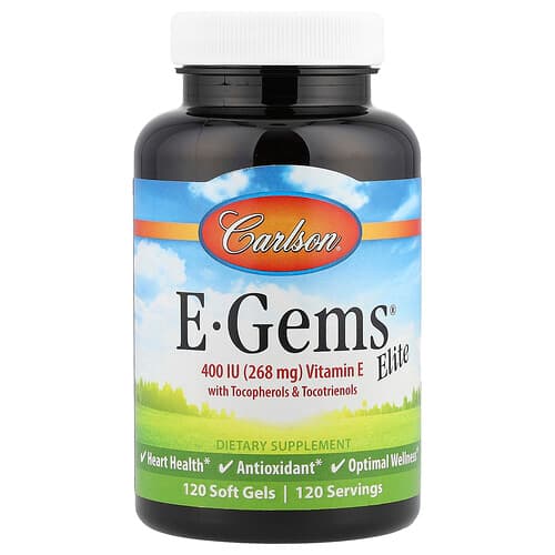 Carlson, E-Gems® Elite, vitaminas E su tokoferoliais ir tokotrienoliais, 120 minkštųjų kapsulių