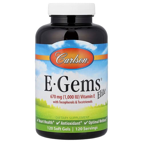 Carlson, E-Gems® Elite, vitaminas E su tokoferoliais ir tokotrienoliais, 120 minkštųjų kapsulių