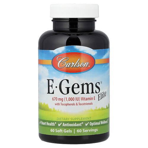 Carlson, E-Gems® Elite, vitaminas E su tokoferoliais ir tokotrienoliais, 60 minkštųjų kapsulių