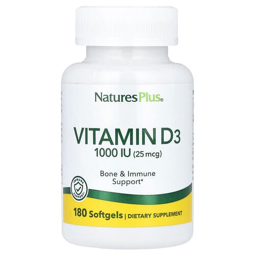 NaturesPlus, Vitaminas D3, 25 mcg (1000 TV), 180 minkštųjų gelių