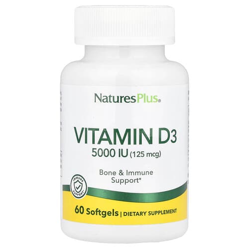 NaturesPlus, Vitaminas D3, 125 mcg (5000 TV), 60 minkštųjų gelių