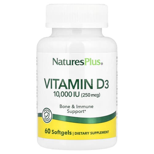NaturesPlus, Vitaminas D3, 250 mcg (10 000 TV), 60 minkštųjų gelių