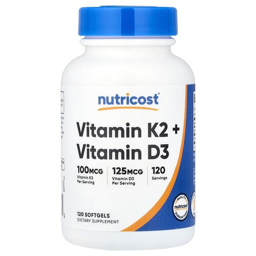 Nutricost, Vitaminas K2 + vitaminas D3, 120 minkštųjų gelių