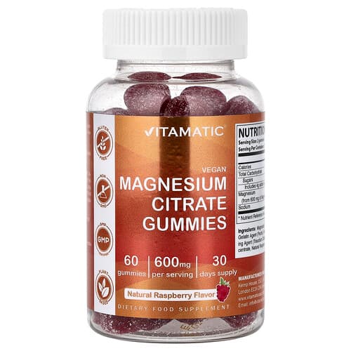 Vitamatic, Veganiški magnio citrato guminukai, natūralios avietės, 60 guminukų