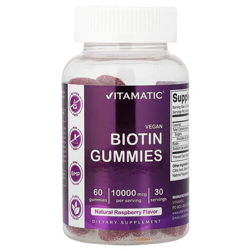 Vitamatic, Veganiški biotino guminukai, natūralios avietės, 60 guminukų (5,000 mcg vienam guminukui)
