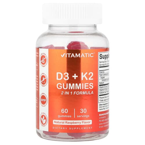 Vitamatic, D3 + K2 guminukai, natūralios avietės, 60 guminukų