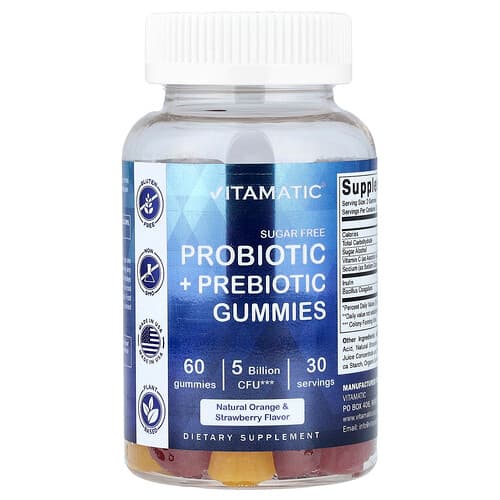 Vitamatic, Probiotiniai + prebiotiniai guminukai, be cukraus, natūralūs apelsinų ir braškių skonio, 60 guminukų (2,5 milijardo KFV viename