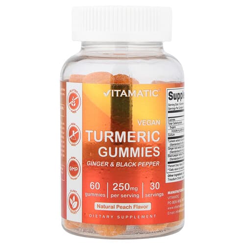 Vitamatic, Veganiški ciberžolės guminukai, natūralūs persikai, 60 guminukų